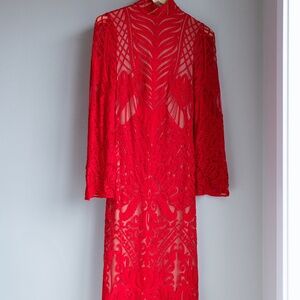 Galvan London Red Oasis high neck embroidered lace dress with Keyhole back